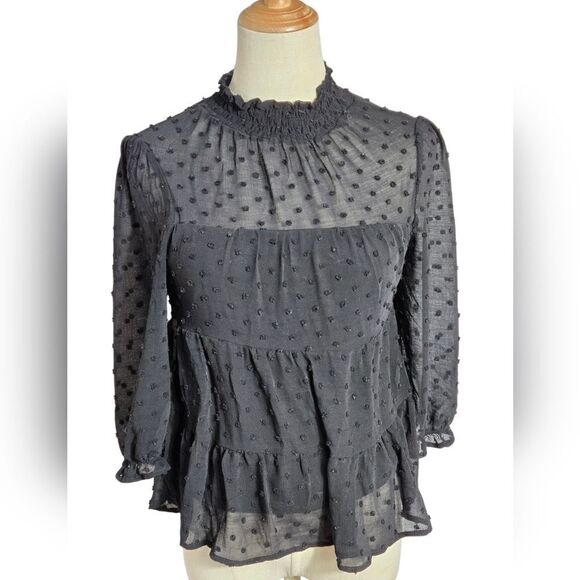 Monteau Los Angeles Black High Neck Partially Sheer Boho Top - Picture 1 of 7
